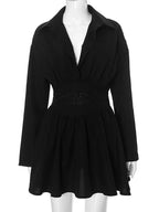 Turn - down Collar Pleated Mini Dress