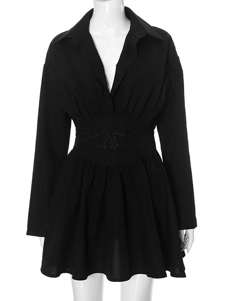 Turn - down Collar Pleated Mini Dress