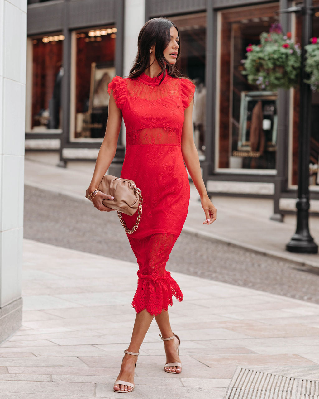 Saige Sheer Lace Midi Dress Red
