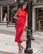 Saige Sheer Lace Midi Dress Red