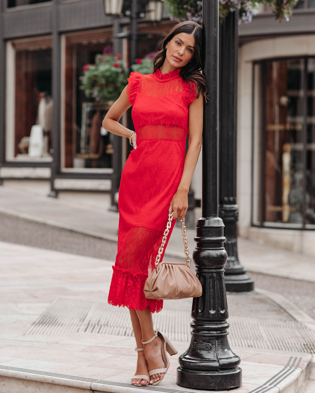 Saige Sheer Lace Midi Dress Red