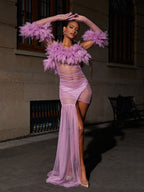 Satine Spaghetti Tulle Maxi Dress With Gloves In Lilac