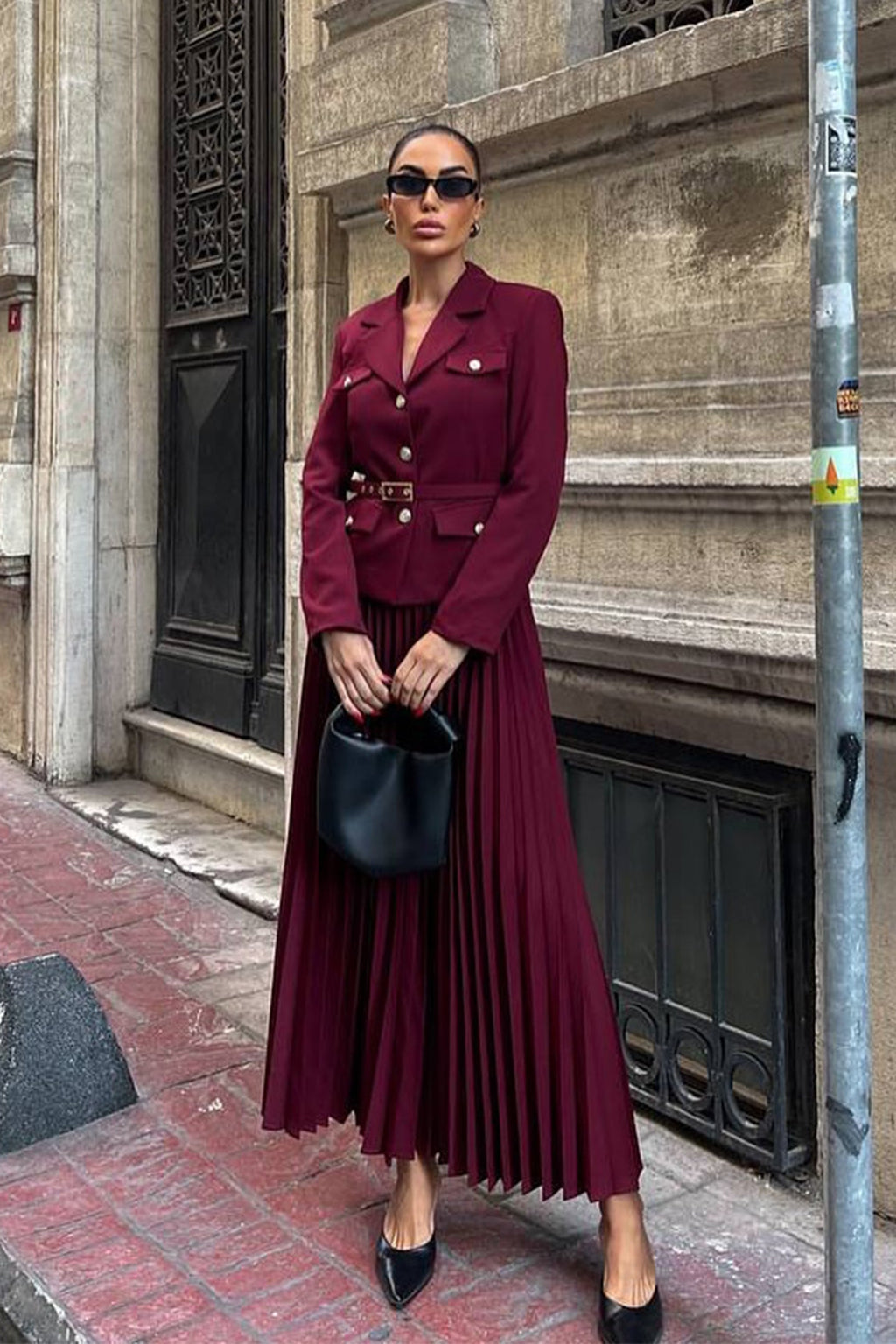 Florence Belted Blazer Pleated Skirt Set
