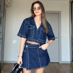 Crop Solid Denim Vneck Short Sleeve Blouse