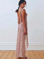 Chiffon Lace Up Slit Floral Dress