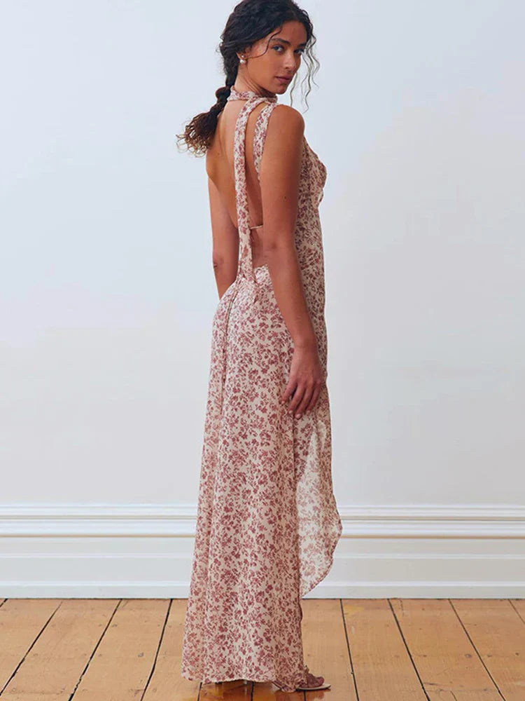 Chiffon Lace Up Slit Floral Dress
