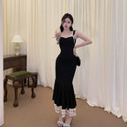 Black Ruffle Trim Fishtail Midi Dress