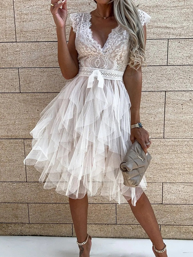 DressBetty - Lace Patchwork Asymmetrical White Dress Femme Sexy Sleeveless Slim Fit Party
