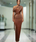 One Shoulder Draped Glitter Brown Maxi Dress
