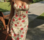Large Flowers Elastic Buttons Midi Dress