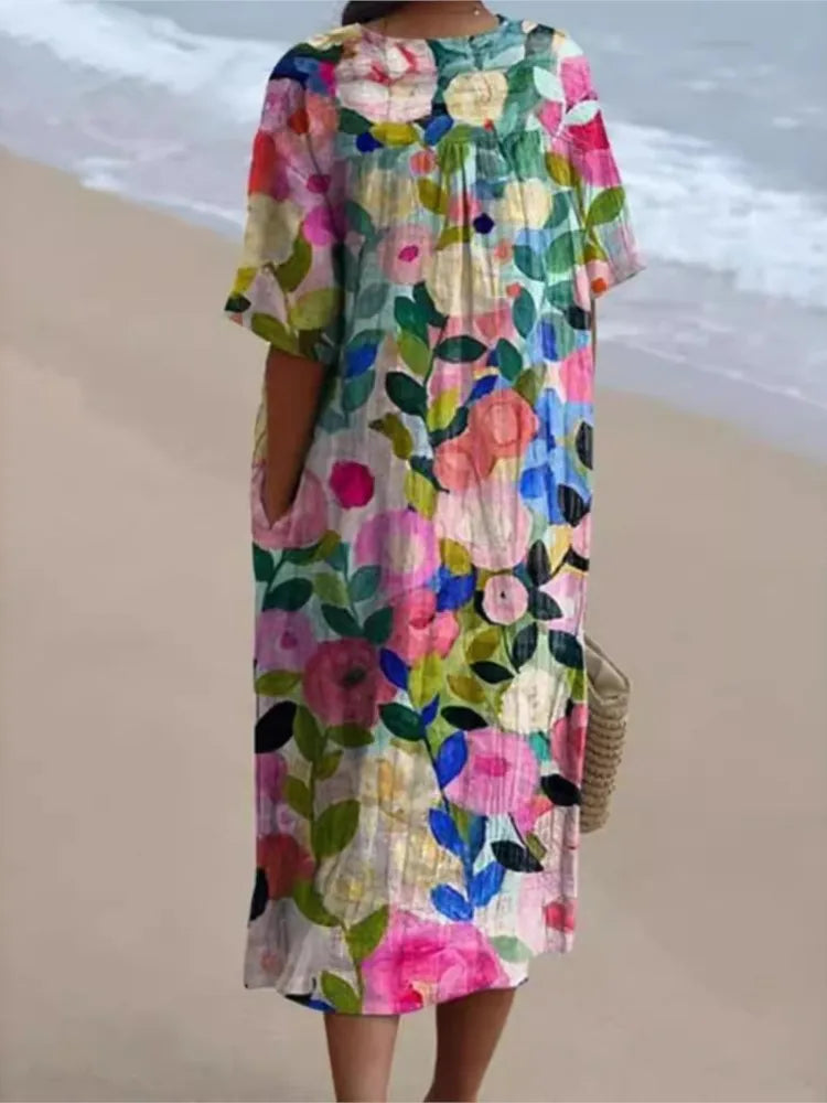 Ramona Statement Floral Print Cotton and Linen Dress Boutique Collection