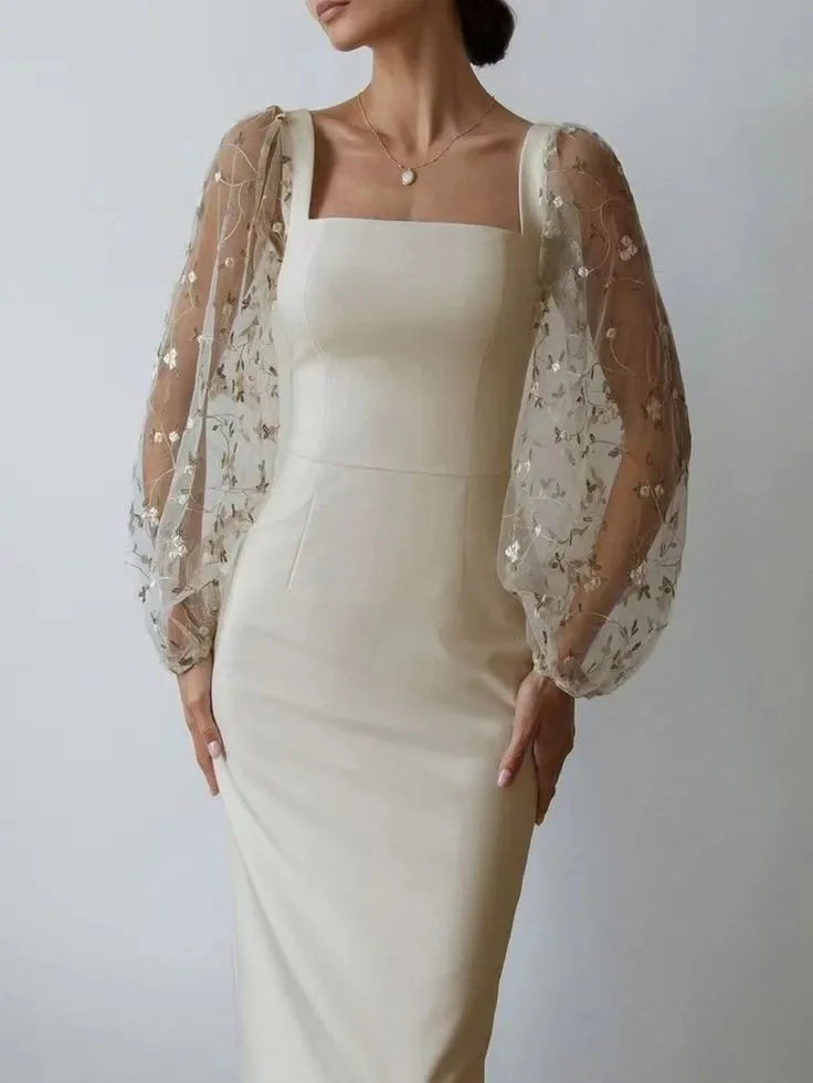 Alfonsine Premium Evening and Party Dress with Square Neckline and Long Sleeves Statement Occasion Edit