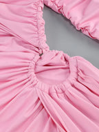 Pink Hollow Out Long Sleeved V - Neck Mini Dress