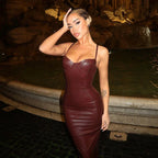Solid PU Leather Splicing Strap Dress