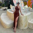 Knitted Cover Up Slit Bodycon Halter Neck Long Dress