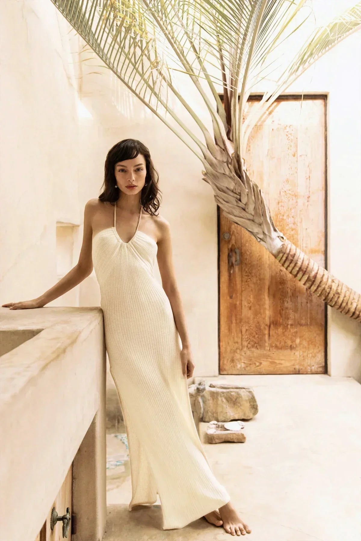 Solid Backless Halter Knit Slit Maxi Dress