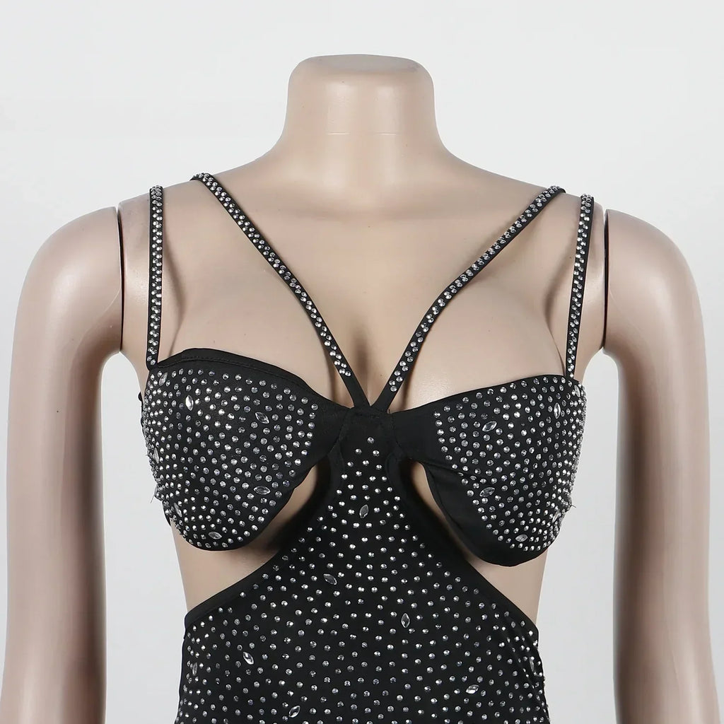 Spaghetti Strap Mesh Black Long Dress