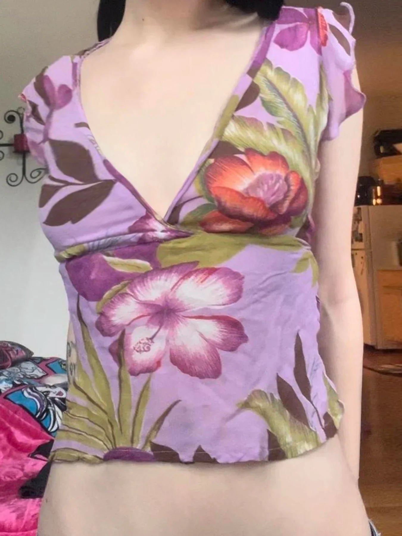 Butterfly Sleeve Slim Fit VNeck Blouse Crop Top