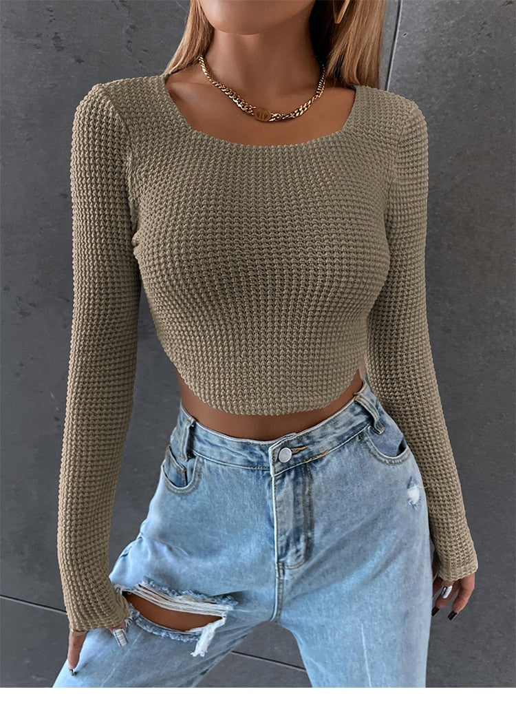 DressBetty - Long Sleeve Square Neck Knitted Crop Top Women Y2k Sexy T Shirts