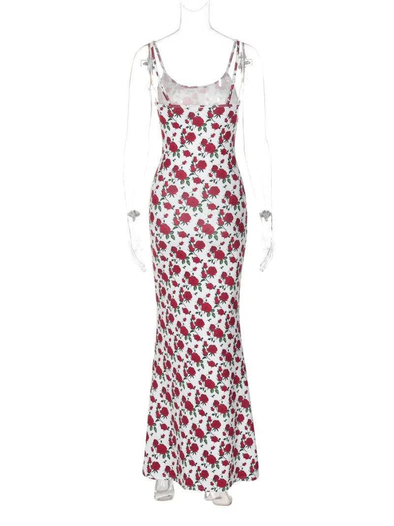 Fashion Sleeveless Bodycon Floral Dresses High Street Sexy Woman Clothes Spaghetti Strap Slim Vacation Party Long Dress