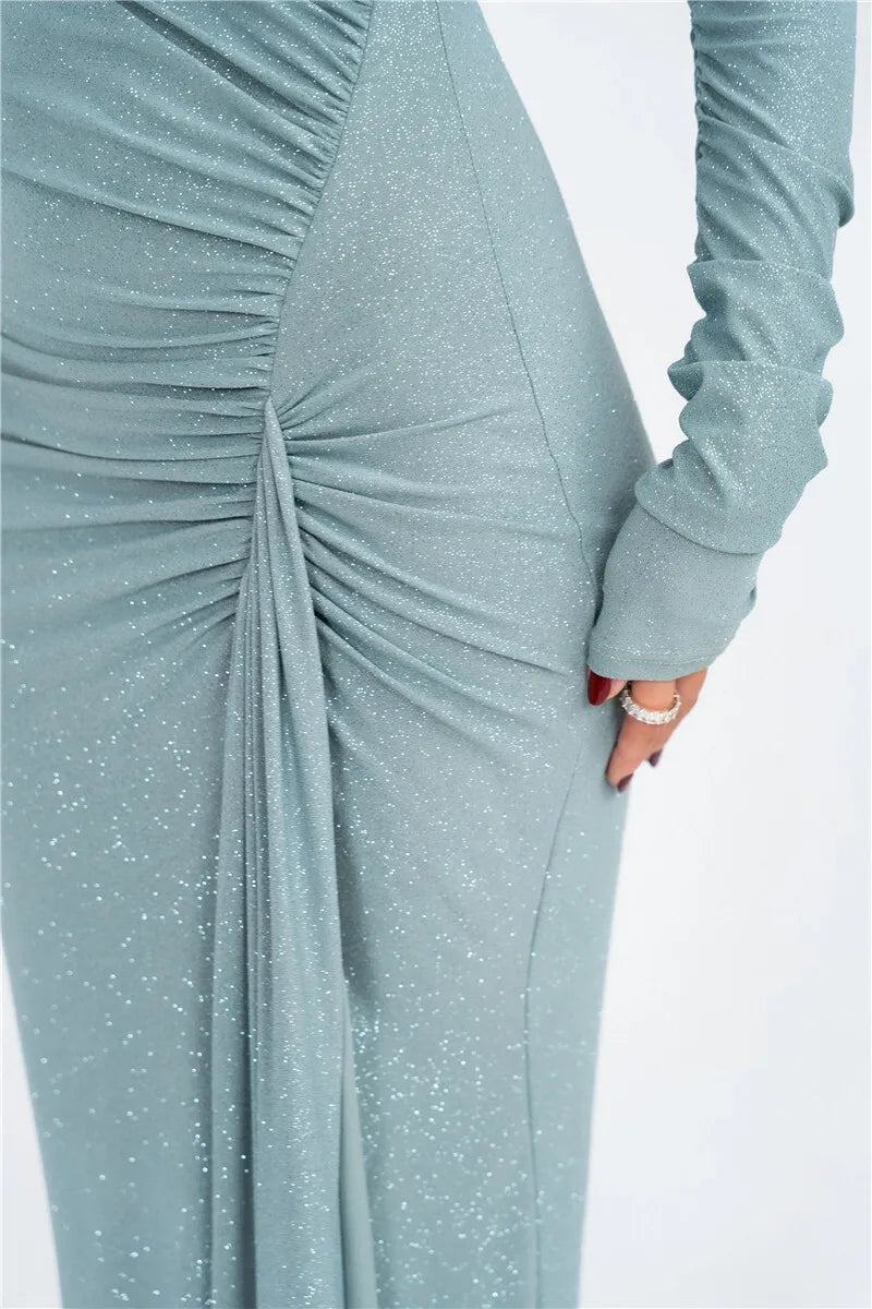 Long Sleeve Ruched Maxi Dress with Thigh - High Split