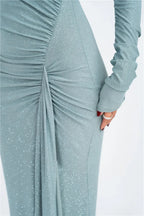 Long Sleeve Ruched Maxi Dress with Thigh - High Split