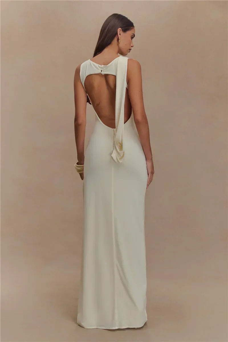 Backless Ruched O Neck Thigh High Split Long Dress