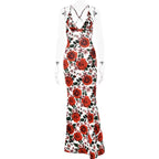 Red Floral Maxi Dress with Cowl Neck & Tie Back