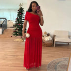 One Shoulder Mesh Solid Maxi Dress