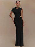 Hollow Out Metal Buckle Solid Short Sleeve Long Dress