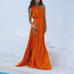 Solid Split Pleated Bandage Long Dress