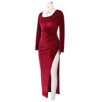 Elegant Velvet High Waist Slit Maxi Dress Long Sleeve Evening Party Dress