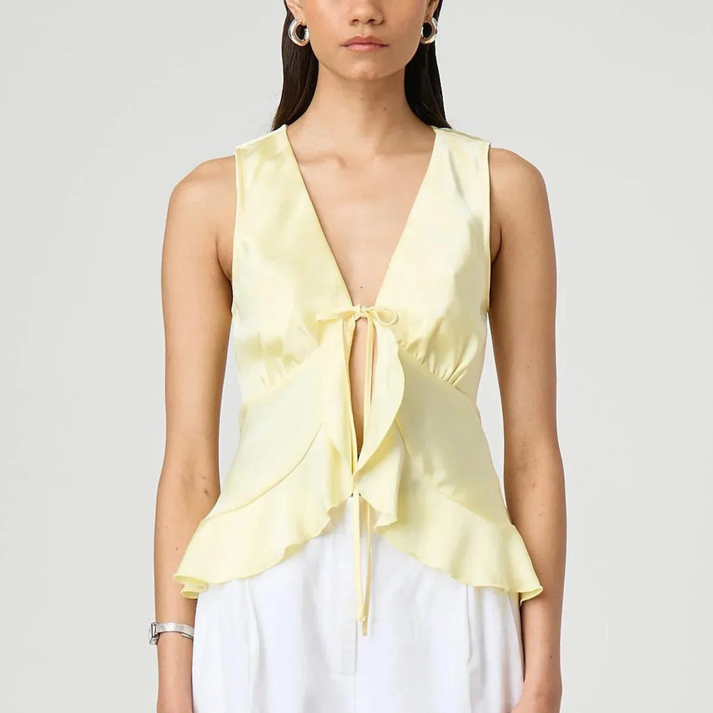 Bow Tieup VNeck Ruffled Hem Silky Cami Top