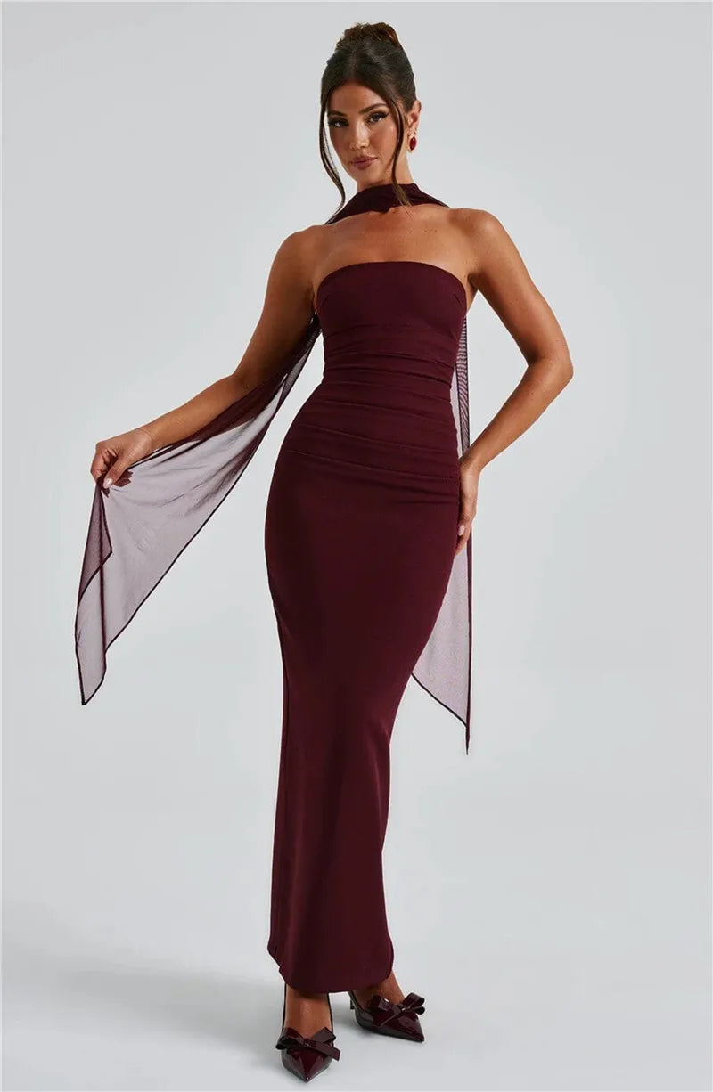 Scarf Collar Strapless Off - shoulder Long Dress