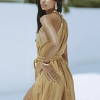 Solid Split Pleated Bandage Long Dress