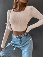 DressBetty - Long Sleeve Square Neck Knitted Crop Top Women Y2k Sexy T Shirts