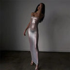 Centered Attention Sheer Metallic Maxi Dress