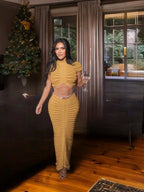 Knitted Crop Top Hollow Out Design Two Piece Shorts Set