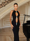 Hollow Out Pearl Tassel Black Long Dress