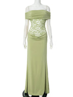 Off - shoulder Strapless Green Lace Sheer Long Dress