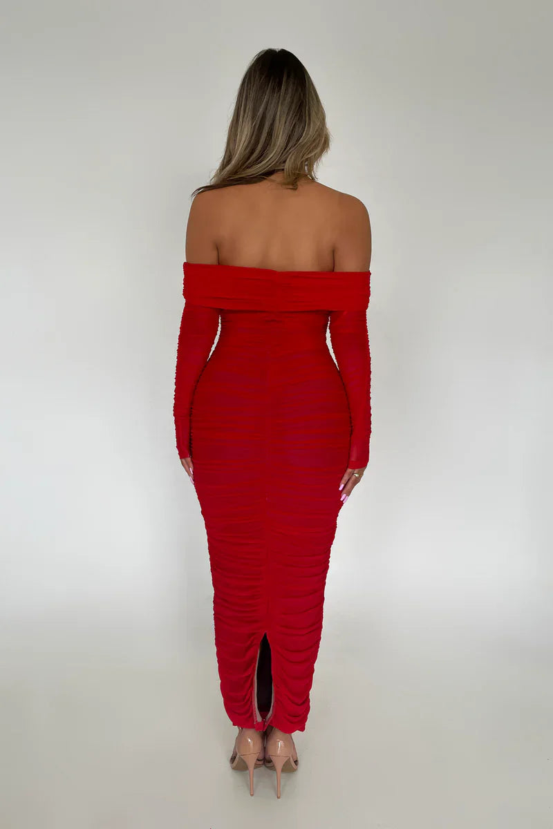 Off - shoulder Slash Neck Solid Maxi Dress