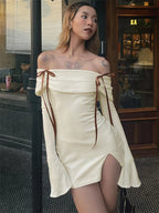 Backless Lace Up Slim MIni Dress Women's Elegant Ribbed Long Sleeve Off Shoulder Summer 2024 Dress Female Party Dress