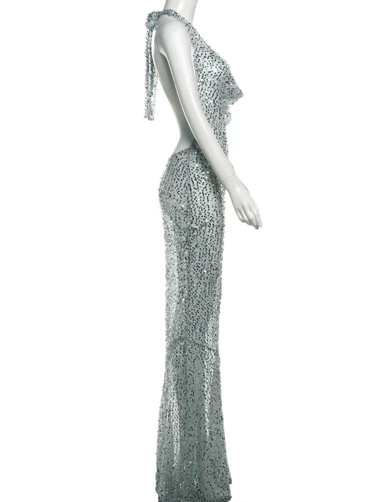 Sequins Crochet Halter Swinging Neck Long Dress