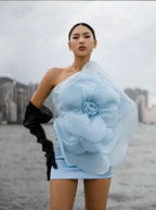 Oblique Shoulder Decorative Flower Solid Mini Dress