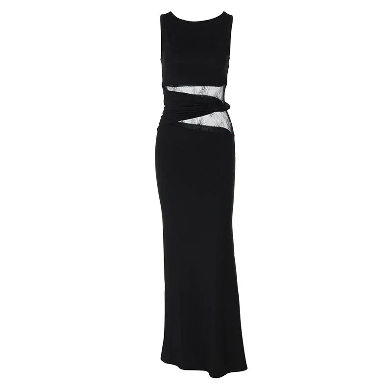 Sheer Lace O Neck Bodycon Long Tank Dress