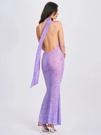 Purple Sheer Halter Draped Open Back Long Dress