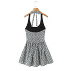 Gray Embroidery White Flower Bow Halter Mini Dress