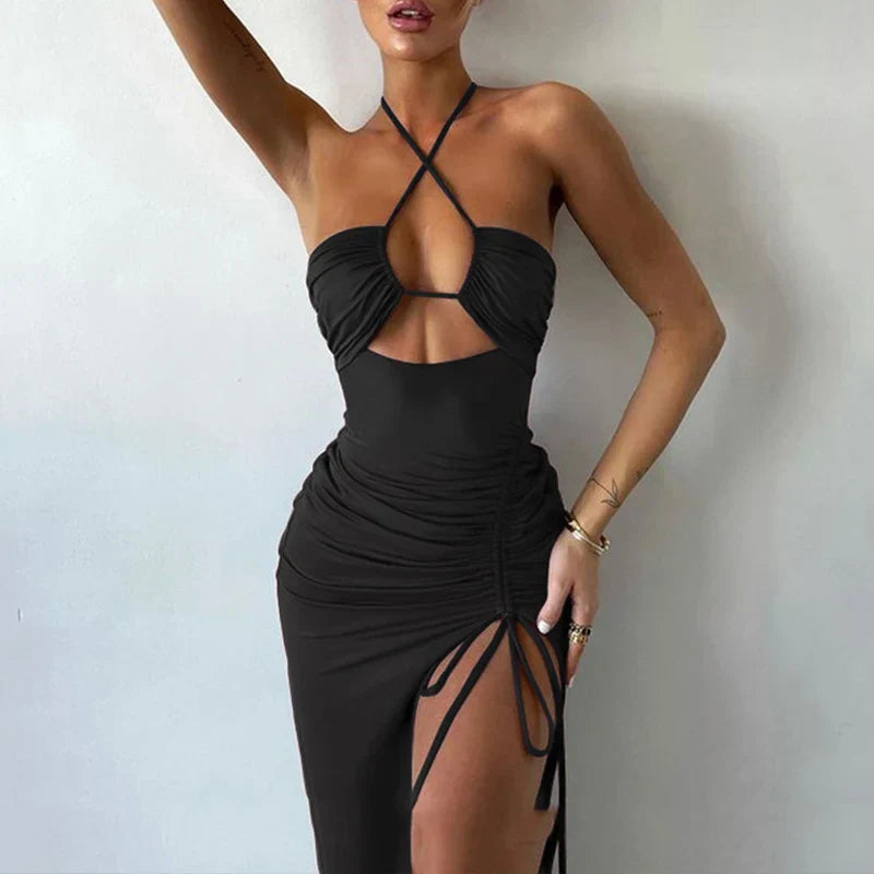 Black Hollow Laceup Halter Maxi Dress