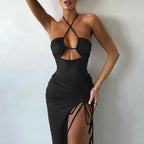 Black Hollow Laceup Halter Maxi Dress