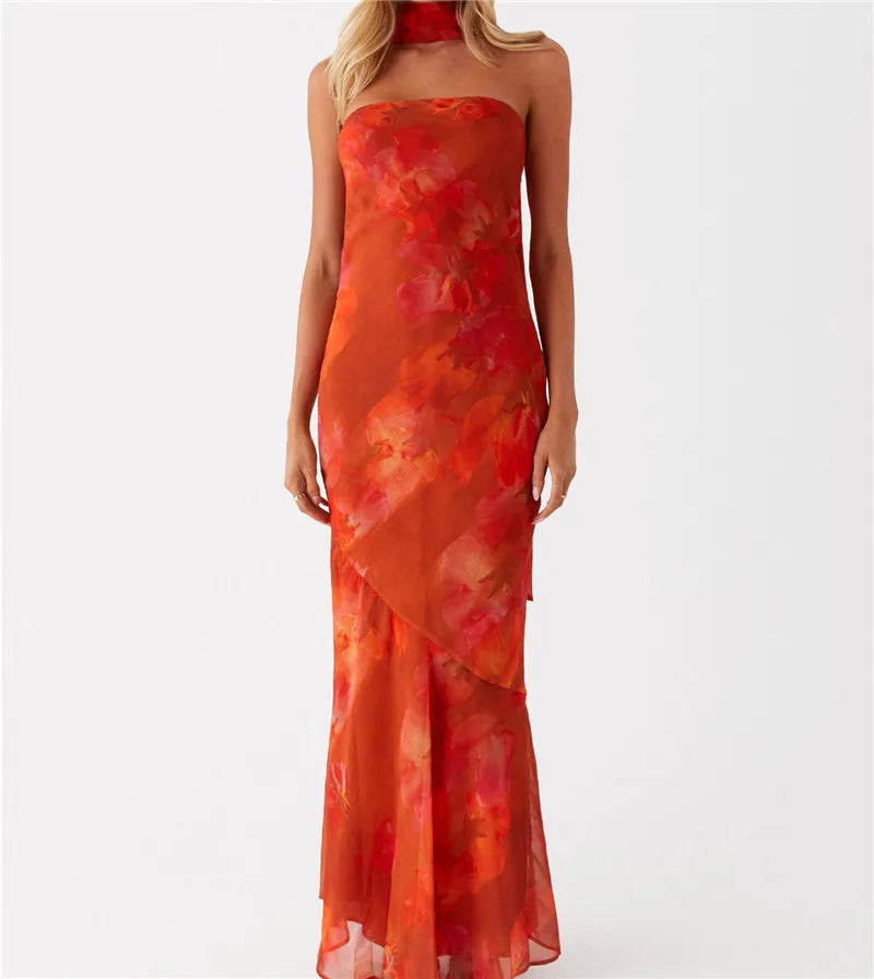 Floral Backless Sleeveless Tube Long Dresses